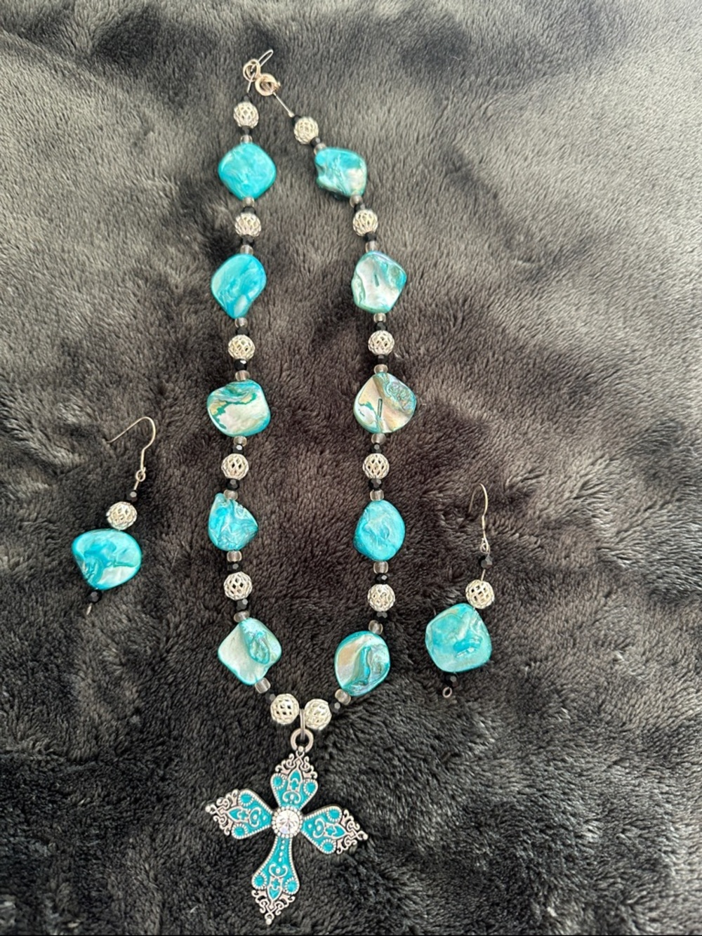 Turquoise Cross Pendant Necklace and Earring Set - Women Jewelry